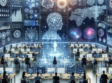 Hochtechnologische Marketing-Kommandocenter mit Teams, holographischen Diagrammen und futuristischen Elementen