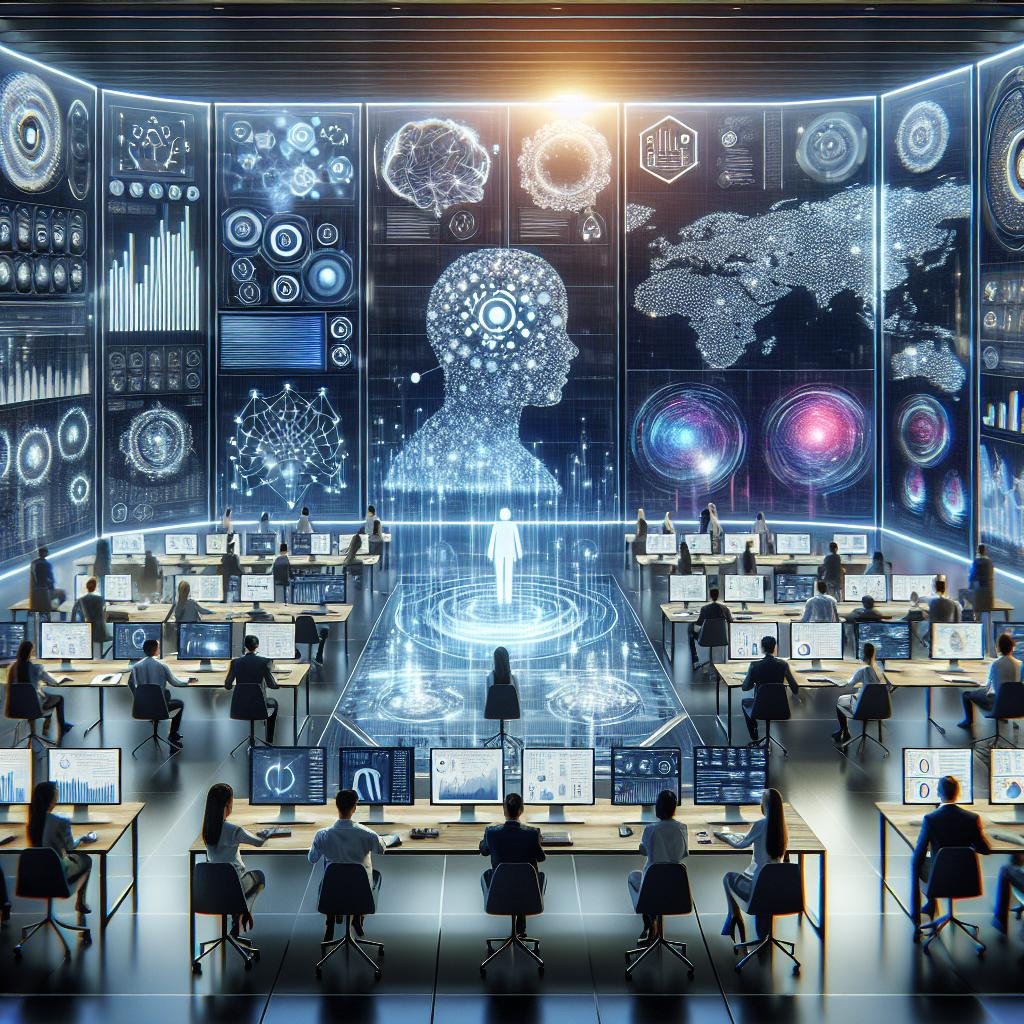 Hochtechnologische Marketing-Kommandocenter mit Teams, holographischen Diagrammen und futuristischen Elementen