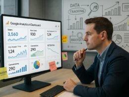 Modernes Büro mit Analyst, der auf Google Analytics 4 Dashboard schaut, umgeben von Notizen und Diagrammen, Hintergrund mit Whiteboards zum Daten-Tracking, Credit: 404 Magazine (Tobias Hager)