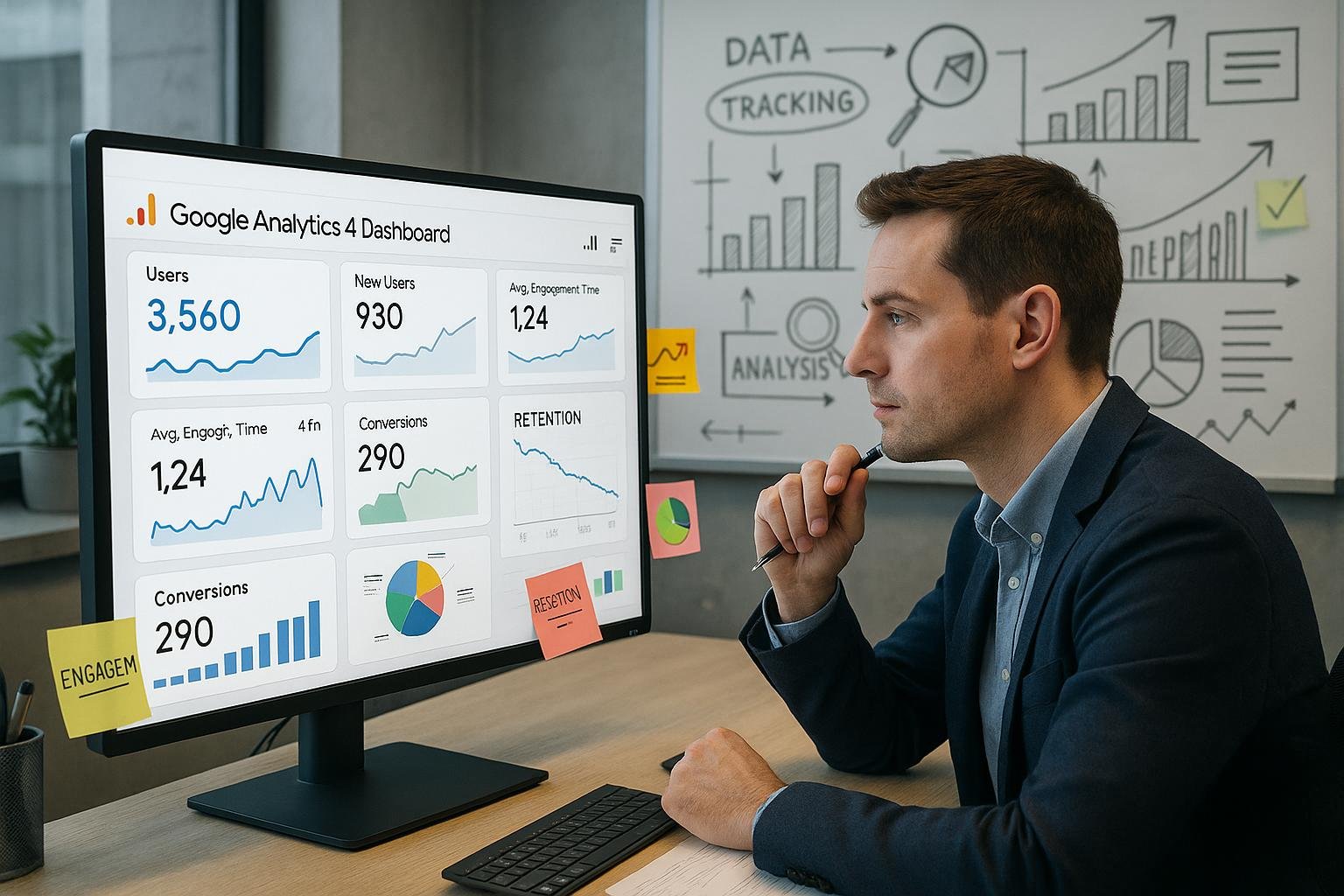Modernes Büro mit Analyst, der auf Google Analytics 4 Dashboard schaut, umgeben von Notizen und Diagrammen, Hintergrund mit Whiteboards zum Daten-Tracking, Credit: 404 Magazine (Tobias Hager)