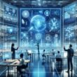 Futuristischer Arbeitsplatz mit KI-Fachleuten, holographischen Datenvisualisierungen und autonomer Technologie, beleuchtet in blauen und weißen Neonfarben.