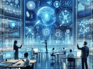 Futuristischer Arbeitsplatz mit KI-Fachleuten, holographischen Datenvisualisierungen und autonomer Technologie, beleuchtet in blauen und weißen Neonfarben.