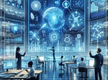 Futuristischer Arbeitsplatz mit KI-Fachleuten, holographischen Datenvisualisierungen und autonomer Technologie, beleuchtet in blauen und weißen Neonfarben.