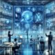 Futuristischer Arbeitsplatz mit KI-Fachleuten, holographischen Datenvisualisierungen und autonomer Technologie, beleuchtet in blauen und weißen Neonfarben.