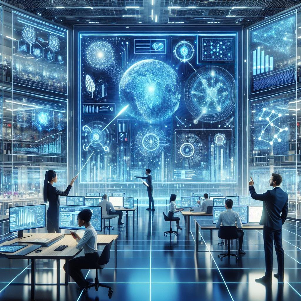 Futuristischer Arbeitsplatz mit KI-Fachleuten, holographischen Datenvisualisierungen und autonomer Technologie, beleuchtet in blauen und weißen Neonfarben.