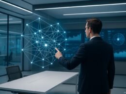 Person in Business-Kleidung zeigt auf eine digitale 3D-Darstellung eines Netzwerks in einem futuristischen Büro mit holografischen Displays.