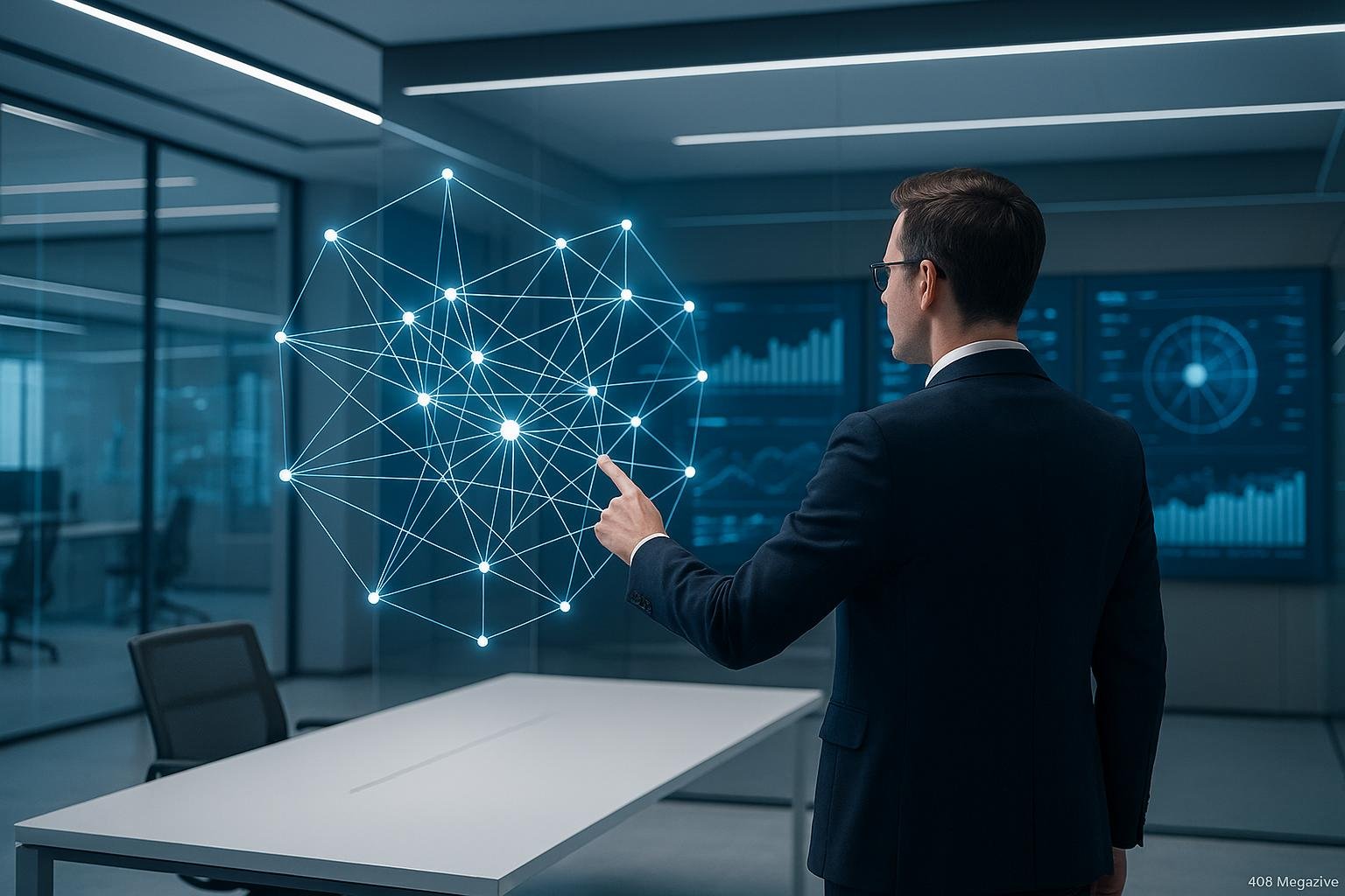 Person in Business-Kleidung zeigt auf eine digitale 3D-Darstellung eines Netzwerks in einem futuristischen Büro mit holografischen Displays.