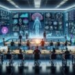 Futuristischer Kontrollraum mit großen Bildschirmen, holographischen Interfaces und neuronalen Netzwerken, die KI-Training und Marketingdaten darstellen.