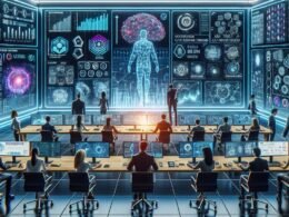 Futuristischer Kontrollraum mit großen Bildschirmen, holographischen Interfaces und neuronalen Netzwerken, die KI-Training und Marketingdaten darstellen.