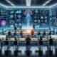 Futuristischer Kontrollraum mit großen Bildschirmen, holographischen Interfaces und neuronalen Netzwerken, die KI-Training und Marketingdaten darstellen.