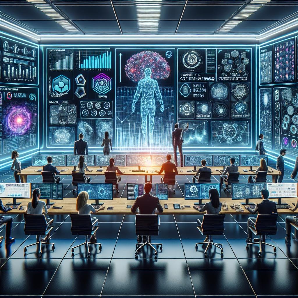 Futuristischer Kontrollraum mit großen Bildschirmen, holographischen Interfaces und neuronalen Netzwerken, die KI-Training und Marketingdaten darstellen.