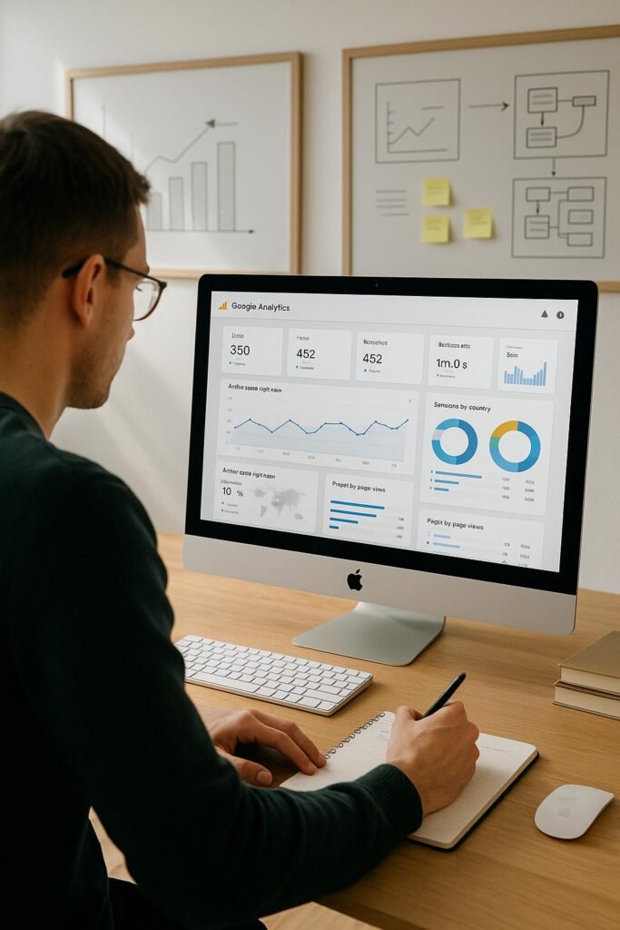 Modernes Büro mit Computerbildschirm, der Google Analytics Dashboard zeigt, eine Person macht Notizen, im Hintergrund Whiteboards mit Diagrammen, natürliche Beleuchtung