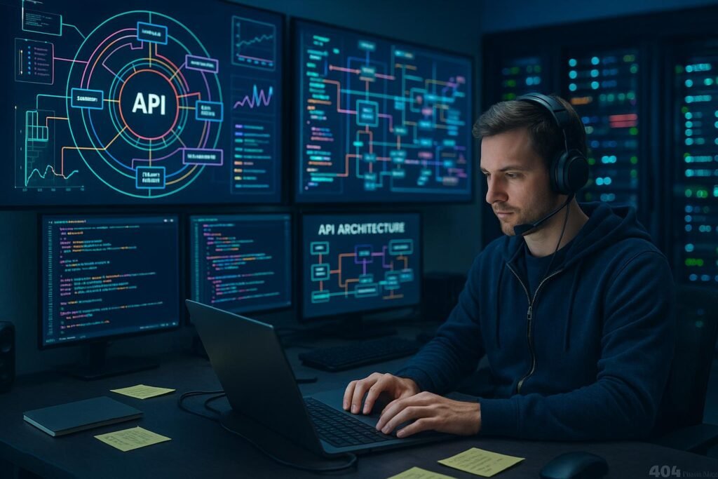 Futuristisches Büro mit mehreren Monitoren, Entwickler mit Headset und Serverracks im Hintergrund, zeigt technologische Innovationen