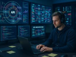 Futuristisches Büro mit mehreren Monitoren, Entwickler mit Headset und Serverracks im Hintergrund, zeigt technologische Innovationen