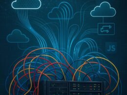 Technisches Serverraum-Setup mit Rack-Servern, Ethernet-Kabeln, Cloud-Icons und digitalen Netzströmen, symbolisiert die Komplexität hybrider Cloud-Infrastrukturen.