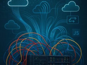 Technisches Serverraum-Setup mit Rack-Servern, Ethernet-Kabeln, Cloud-Icons und digitalen Netzströmen, symbolisiert die Komplexität hybrider Cloud-Infrastrukturen.