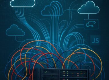 Technisches Serverraum-Setup mit Rack-Servern, Ethernet-Kabeln, Cloud-Icons und digitalen Netzströmen, symbolisiert die Komplexität hybrider Cloud-Infrastrukturen.