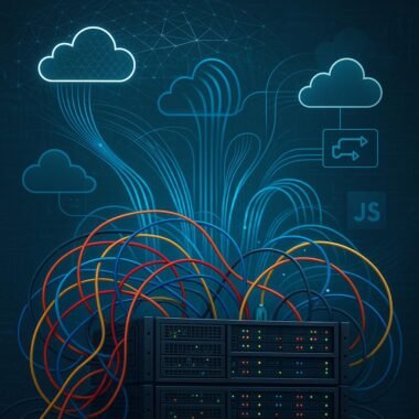 Technisches Serverraum-Setup mit Rack-Servern, Ethernet-Kabeln, Cloud-Icons und digitalen Netzströmen, symbolisiert die Komplexität hybrider Cloud-Infrastrukturen.