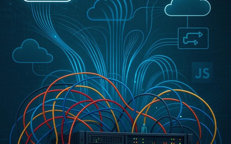 Technisches Serverraum-Setup mit Rack-Servern, Ethernet-Kabeln, Cloud-Icons und digitalen Netzströmen, symbolisiert die Komplexität hybrider Cloud-Infrastrukturen.