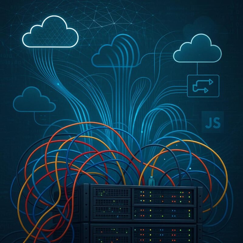 Technisches Serverraum-Setup mit Rack-Servern, Ethernet-Kabeln, Cloud-Icons und digitalen Netzströmen, symbolisiert die Komplexität hybrider Cloud-Infrastrukturen.