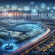 Futuristische Ansicht von Nordrhein-Westfalen mit autonomen Lieferrobotern, modernen Fabriken, Datenzentren, Smart Traffic und holografischen KI-Icons, die innovative Technologien zeigen.
