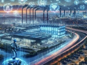 Futuristische Ansicht von Nordrhein-Westfalen mit autonomen Lieferrobotern, modernen Fabriken, Datenzentren, Smart Traffic und holografischen KI-Icons, die innovative Technologien zeigen.