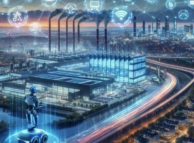 Futuristische Ansicht von Nordrhein-Westfalen mit autonomen Lieferrobotern, modernen Fabriken, Datenzentren, Smart Traffic und holografischen KI-Icons, die innovative Technologien zeigen.