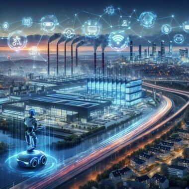 Futuristische Ansicht von Nordrhein-Westfalen mit autonomen Lieferrobotern, modernen Fabriken, Datenzentren, Smart Traffic und holografischen KI-Icons, die innovative Technologien zeigen.