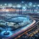 Futuristische Ansicht von Nordrhein-Westfalen mit autonomen Lieferrobotern, modernen Fabriken, Datenzentren, Smart Traffic und holografischen KI-Icons, die innovative Technologien zeigen.