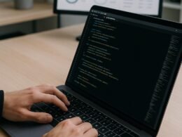 Nahaufnahme der Entwicklerhände bei der Arbeit an einem Laptop mit sichtbaren Code-Schnipseln und einem analytischen Dashboard im Hintergrund, das Präzision und strategische Technologieumsetzung zeigt.