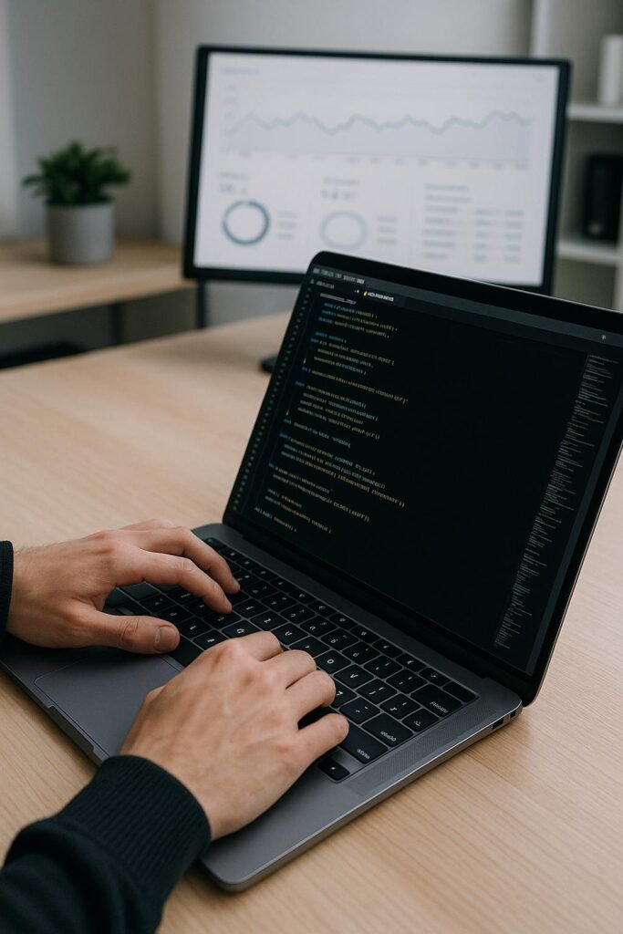 Nahaufnahme der Entwicklerhände bei der Arbeit an einem Laptop mit sichtbaren Code-Schnipseln und einem analytischen Dashboard im Hintergrund, das Präzision und strategische Technologieumsetzung zeigt.