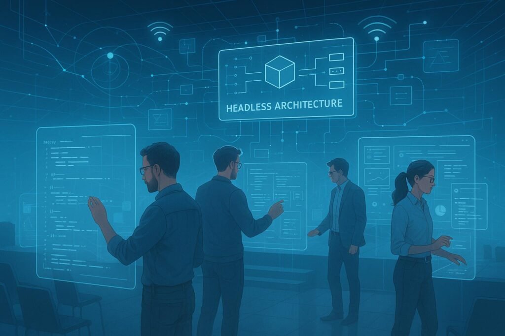 Fortschrittliches Digital-Workspace mit holographischen Displays, Entwicklern und schematischen Visualisierungen einer Headless-Architektur in einer Hightech-Atmosphäre