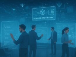 Fortschrittliches Digital-Workspace mit holographischen Displays, Entwicklern und schematischen Visualisierungen einer Headless-Architektur in einer Hightech-Atmosphäre