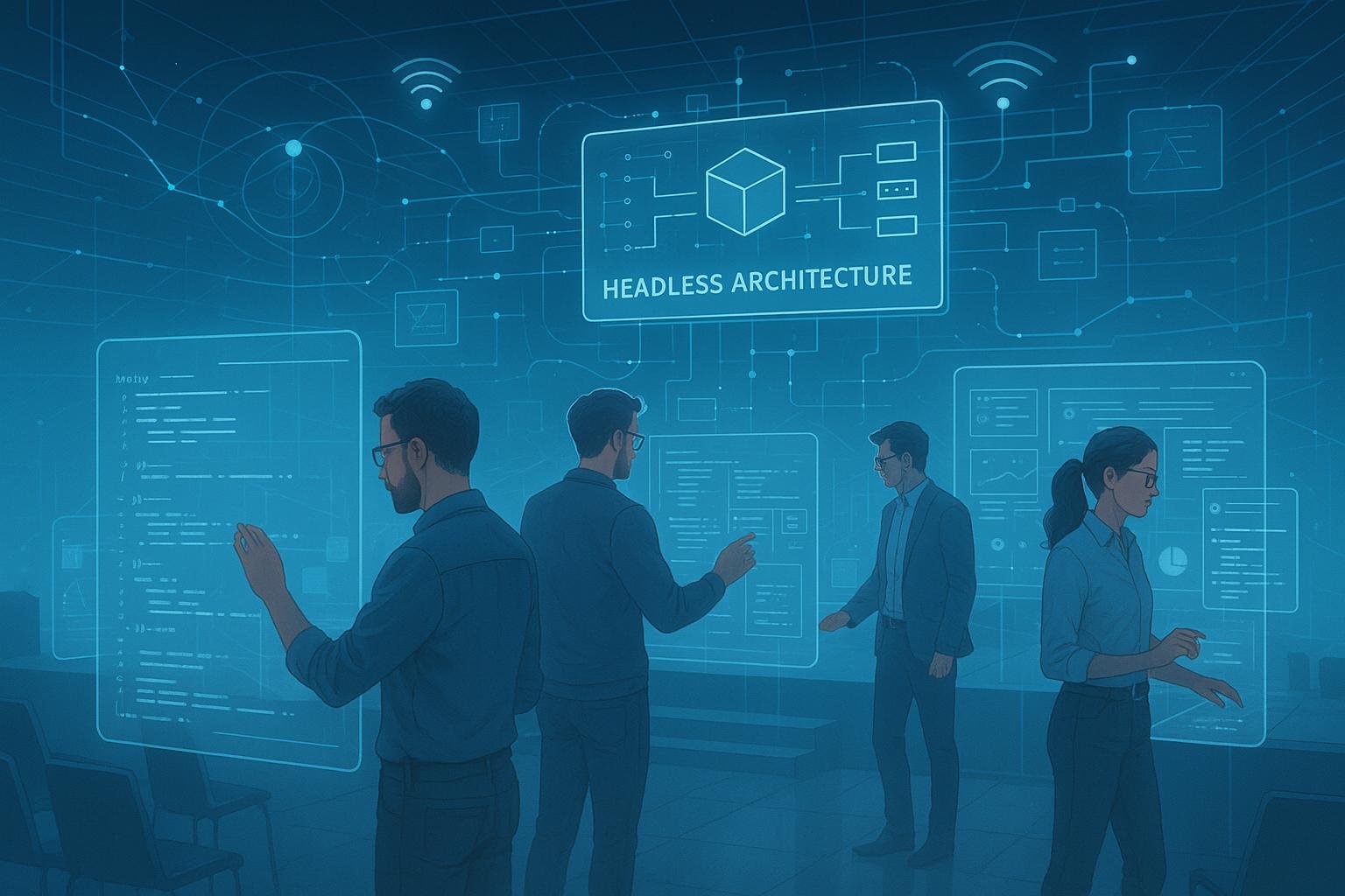 Fortschrittliches Digital-Workspace mit holographischen Displays, Entwicklern und schematischen Visualisierungen einer Headless-Architektur in einer Hightech-Atmosphäre