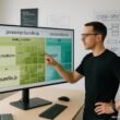 Entwickler in modernem Büro vor großem Bildschirm mit Visualisierungen zu JavaScript- und CSS-Bundles, im Hintergrund Whiteboard mit Code-Splitting Skizzen, beleuchteter Raum mit technischen Postern
