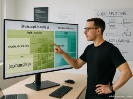 Entwickler in modernem Büro vor großem Bildschirm mit Visualisierungen zu JavaScript- und CSS-Bundles, im Hintergrund Whiteboard mit Code-Splitting Skizzen, beleuchteter Raum mit technischen Postern