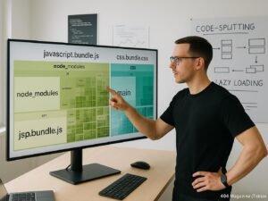 Entwickler in modernem Büro vor großem Bildschirm mit Visualisierungen zu JavaScript- und CSS-Bundles, im Hintergrund Whiteboard mit Code-Splitting Skizzen, beleuchteter Raum mit technischen Postern