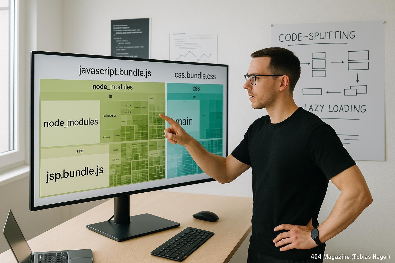 Entwickler in modernem Büro vor großem Bildschirm mit Visualisierungen zu JavaScript- und CSS-Bundles, im Hintergrund Whiteboard mit Code-Splitting Skizzen, beleuchteter Raum mit technischen Postern