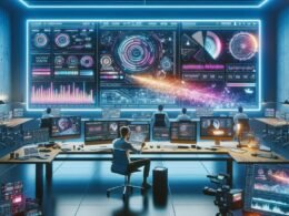 Moderner Arbeitsbereich mit großen Monitoren, KI-Tools und professionellen Geräten für die Videoerstellung, gestaltet mit Neonlichtern und futuristischem Dekor, fotografiert von Tobias Hager für 404 Magazine.