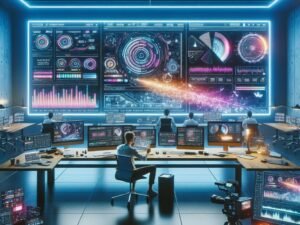 Moderner Arbeitsbereich mit großen Monitoren, KI-Tools und professionellen Geräten für die Videoerstellung, gestaltet mit Neonlichtern und futuristischem Dekor, fotografiert von Tobias Hager für 404 Magazine.