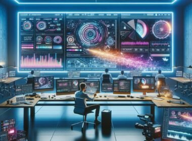Moderner Arbeitsbereich mit großen Monitoren, KI-Tools und professionellen Geräten für die Videoerstellung, gestaltet mit Neonlichtern und futuristischem Dekor, fotografiert von Tobias Hager für 404 Magazine.