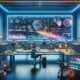 Moderner Arbeitsbereich mit großen Monitoren, KI-Tools und professionellen Geräten für die Videoerstellung, gestaltet mit Neonlichtern und futuristischem Dekor, fotografiert von Tobias Hager für 404 Magazine.