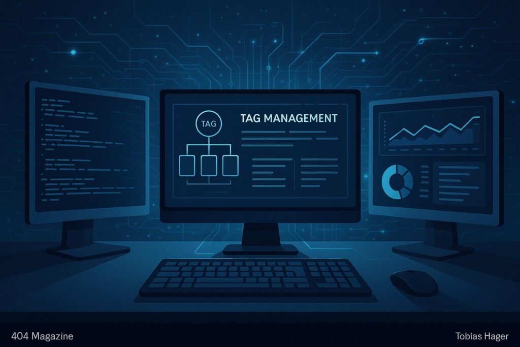 Moderne digitale Arbeitsumgebung mit Kontrollzentrum und mehreren Monitoren, die Code, Flussdiagramme und Analysedashboards für Tag-Management anzeigen