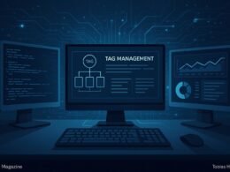 Moderne digitale Arbeitsumgebung mit Kontrollzentrum und mehreren Monitoren, die Code, Flussdiagramme und Analysedashboards für Tag-Management anzeigen