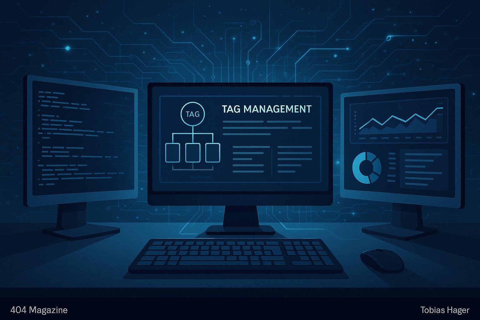 Moderne digitale Arbeitsumgebung mit Kontrollzentrum und mehreren Monitoren, die Code, Flussdiagramme und Analysedashboards für Tag-Management anzeigen