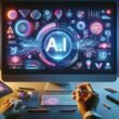 Futuristischer Arbeitsplatz mit Computerbildschirm, der ein KI-gesteuertes Logo-Design zeigt, umgeben von digitalen Algorithmen und neuralen Mustern, mit einem Designer, der den letzten Schritt macht. Credit: 404 Magazine (Tobias Hager).