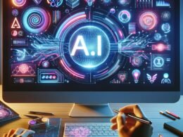 Futuristischer Arbeitsplatz mit Computerbildschirm, der ein KI-gesteuertes Logo-Design zeigt, umgeben von digitalen Algorithmen und neuralen Mustern, mit einem Designer, der den letzten Schritt macht. Credit: 404 Magazine (Tobias Hager).