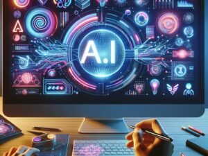 Futuristischer Arbeitsplatz mit Computerbildschirm, der ein KI-gesteuertes Logo-Design zeigt, umgeben von digitalen Algorithmen und neuralen Mustern, mit einem Designer, der den letzten Schritt macht. Credit: 404 Magazine (Tobias Hager).