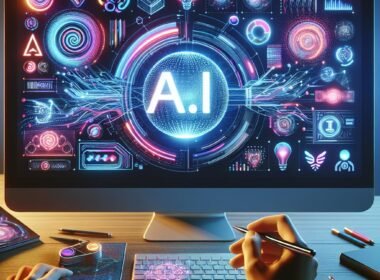 Futuristischer Arbeitsplatz mit Computerbildschirm, der ein KI-gesteuertes Logo-Design zeigt, umgeben von digitalen Algorithmen und neuralen Mustern, mit einem Designer, der den letzten Schritt macht. Credit: 404 Magazine (Tobias Hager).