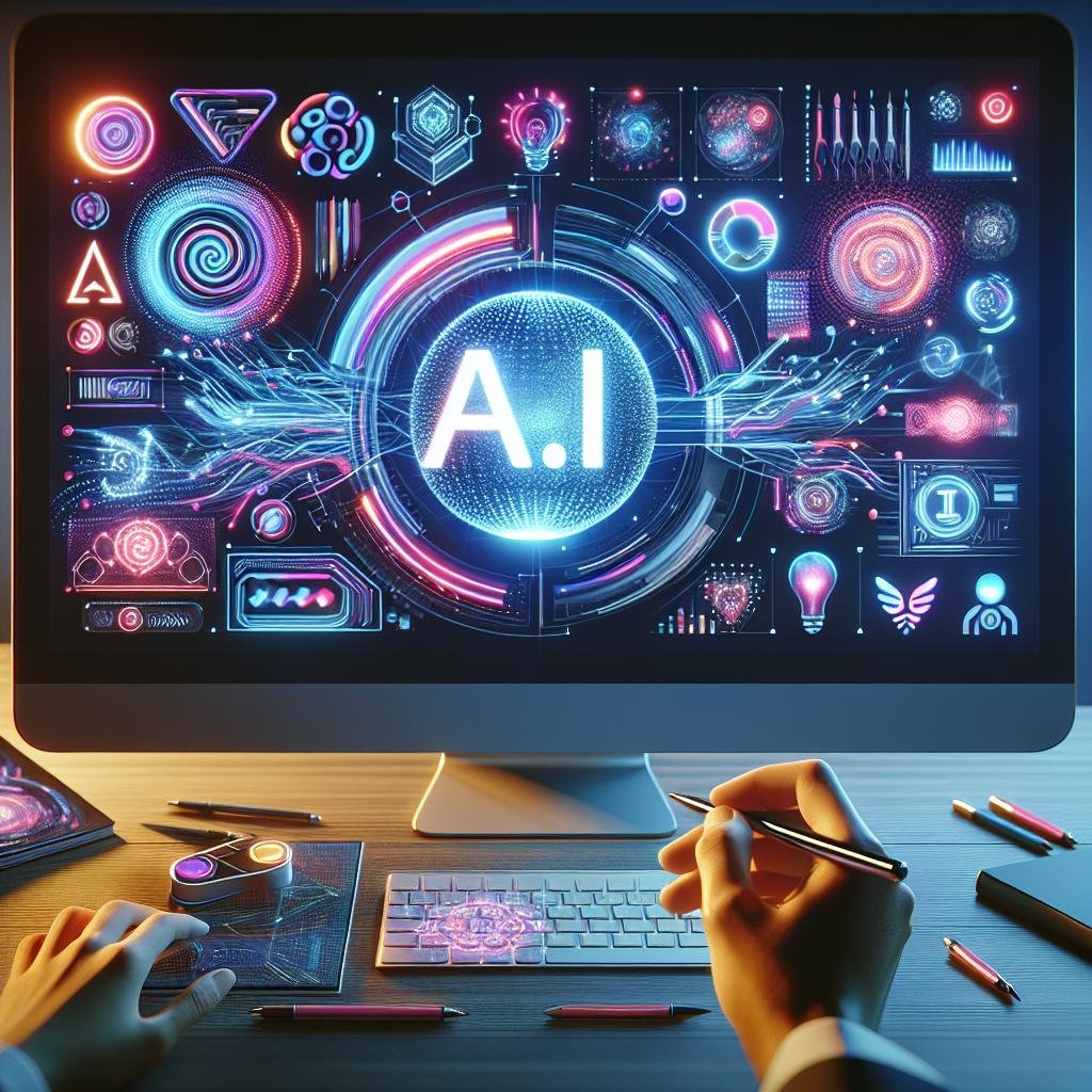 Futuristischer Arbeitsplatz mit Computerbildschirm, der ein KI-gesteuertes Logo-Design zeigt, umgeben von digitalen Algorithmen und neuralen Mustern, mit einem Designer, der den letzten Schritt macht. Credit: 404 Magazine (Tobias Hager).
